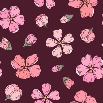 Cherry sakura blossom seamless pattern pink flat Stock Illustration