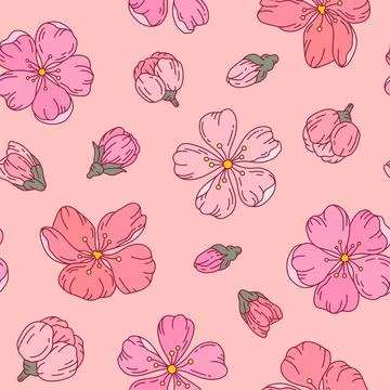 Cherry sakura blossom seamless pattern pink flat Illustrazione stock