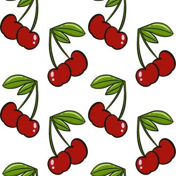 Cherry seamless background. Cherries, red berries with leaves on a white Stock Illustration