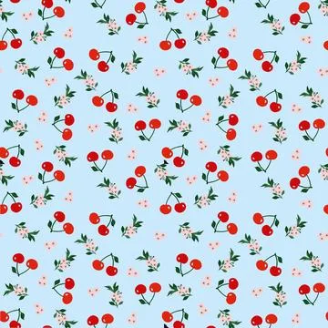 Cherry seamless pattern on a blue background with cherry blossoms. 库存插图