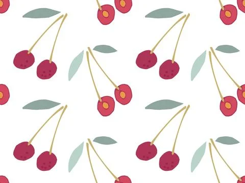 Cherry Seamless pattern. Cherry berry with leaf hand drawn doodle sketch. Flat Illustrazione stock