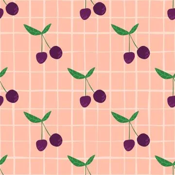 Cherry seamless pattern for fabric design. Cherries wallpaper on stripes back Stock Illustration