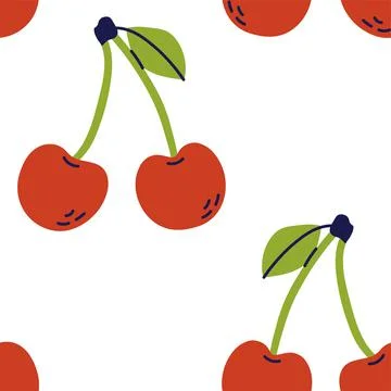 Cherry seamless pattern. Hand drawn vector illustration. Red berry. Color fru Stock Illustration