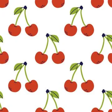 Cherry seamless pattern. Hand drawn vector illustration. Red berry. Color fru Stock Illustration