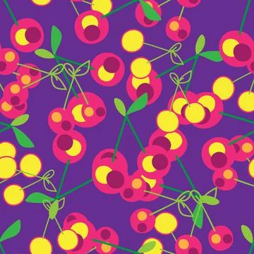 Cherry seamless pattern, pink yellow on blue background, botanical outline .. Stock Illustration