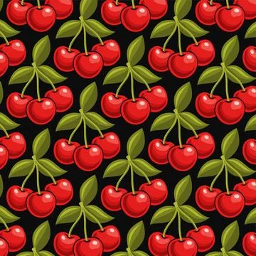 Cherry Seamless Pattern – Red Cherry Fruit Vector Background with Leaves イラスト素材