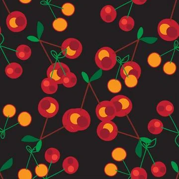 Cherry seamless pattern, red green on black background, botanical outline v.. Stock Illustration