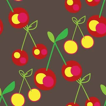 Cherry seamless pattern, red green on black background, botanical outline v.. Stock Illustration
