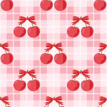 Cherry Seamless Pattern Vector Illustration. Cute Red Cherries With Bows on Pink Stock Illustration