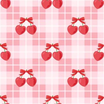 Cherry Seamless Pattern Vector Illustration. Cute Red Cherries With Bows on.. Stock Illustration