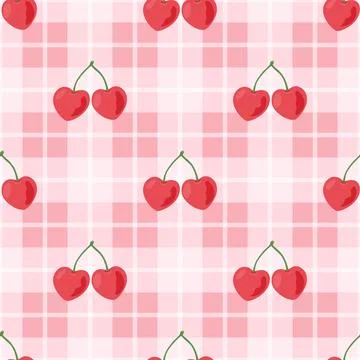 Cherry Seamless Pattern Vector Illustration. Cute Red Cherries on Pink Plaid  Stock Illustration