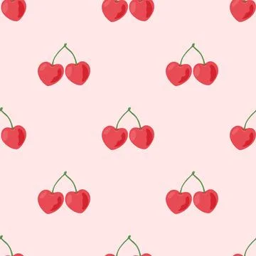 Cherry Seamless Pattern Vector Illustration. Cute Red Cherries on Pink Back.. Stock Illustration