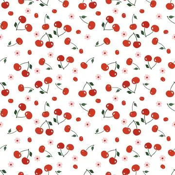 Cherry seamless pattern on a white background with a small pink flower. 库存插图