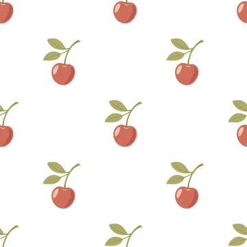 Cherry Seamless Pattern on White Background, Vector Illustration. Cute Minimal Stock Illustration