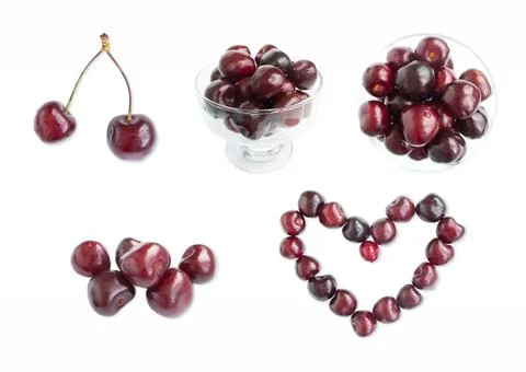 Cherry set from different angles on white. Red cherries isolated Stock Photos