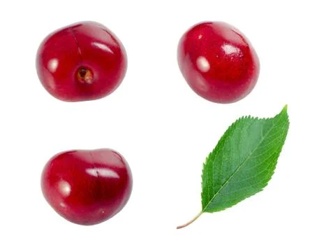 A cherry shot from three different angles and a leaf. Stock Photos