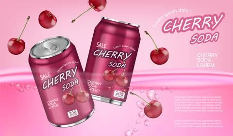 Cherry soda Vector realistic mock up. Product placement aluminium bottles. 3d Stock Illustration