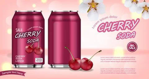 Cherry soda Vector realistic mock up. Product placement aluminium bottles. 3d Stock Illustration