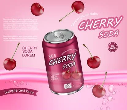 Cherry soda Vector realistic mock up. Product placement aluminium bottles. 3d Stock Illustration