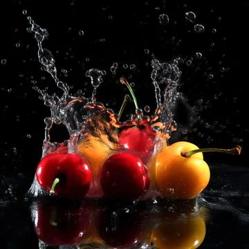 Cherry in the splash of water on isolated black background. Stock Illustration