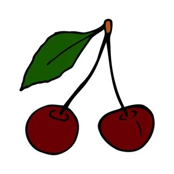 Cherry with stem and leaf. Hand drawn outline doodle icon. Colorful isolated  Stock Illustration
