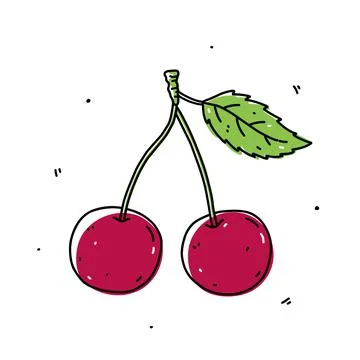 Cherry on a stem with green leaf isolated on white background Stock Illustration