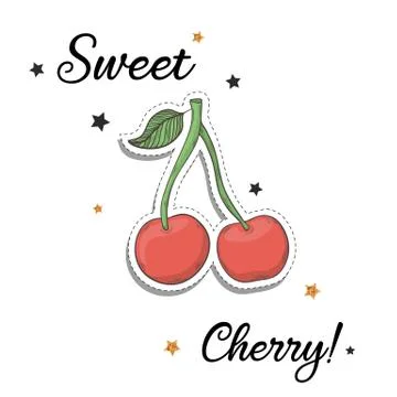 Cherry sticker. Fashion patch element with quote Sweet cherry concept Stock Illustration