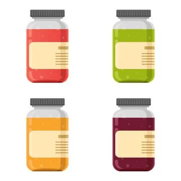 Cherry, strawberry, apple, orange jam in glass jar icon set collection in f.. Illustrazione stock