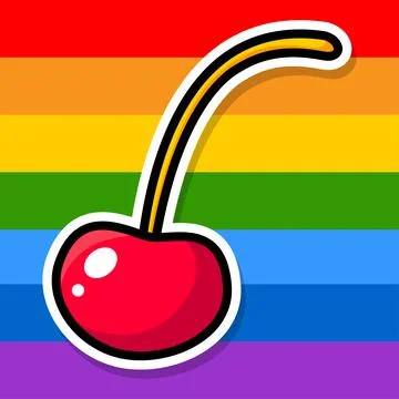 Cherry on a striped multicolored background. Cartoon sticker. LGBT Pride Stock-Illustration