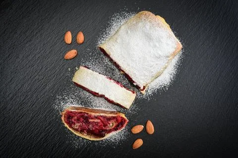 Cherry strudel with almond Stock Photos
