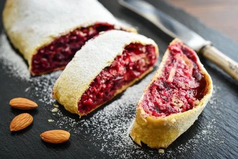 Cherry strudel with almond Stock Photos