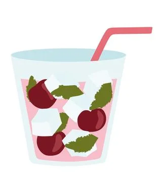 Cherry Summer Lemonade. Cartoon vector illustration with cherries, straw, ice cu Stock Illustration