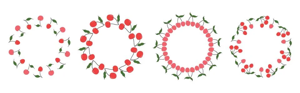 Cherry. Themed fruit frame set with copy space. Circular template featuring.. Stock Illustration