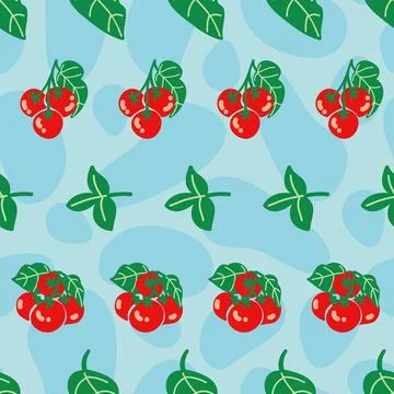Cherry tomato repeat pattern on blue background Stock Illustration