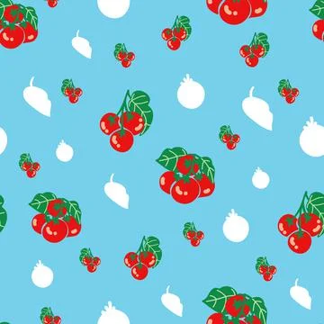 Cherry tomato repeat pattern design on blue background Stock Illustration