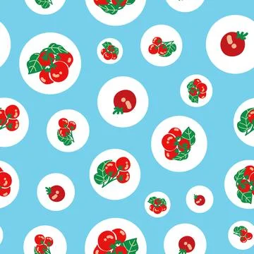 Cherry tomato repeat pattern design on pastel blue 스톡 일러스트