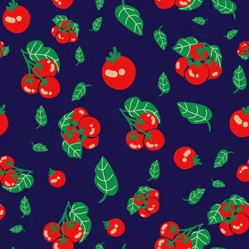 Cherry tomato vector repeat pattern on dark blue background Illustrazione stock