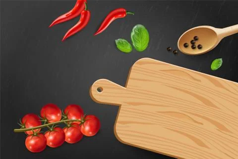 Cherry tomatoes and basil Vector realistic. Top view cooking ingredients. Det Stock Illustration