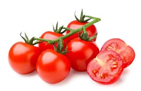 Cherry tomatoes and two halves on a white background. Isolated Foto stock
