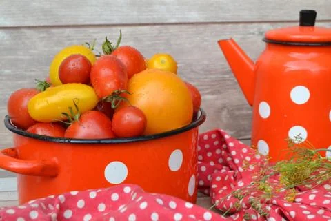 Cherry tomatoes close up in a casserole on rustic background, russian style Stock Photos