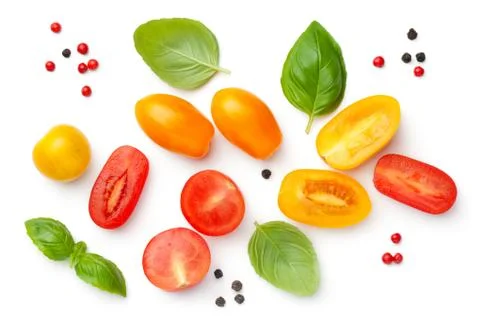 Cherry Tomatoes Composition With Basil And Peppercorns Stock Photos