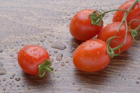 Cherry tomatoes on a dark table. A bunch and table in drops of water. Stock Photos