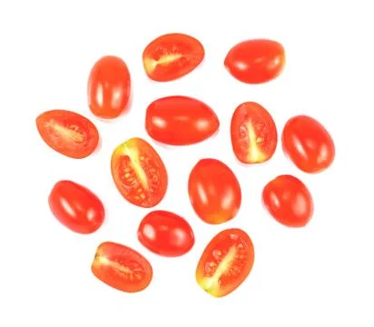 Cherry tomatoes isolated on white background, slices of tomato Stock Photos