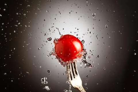 Cherry tomatoes on a metal fork. Splashes of water. Black white background Stock Photos