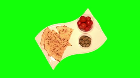 Cherry tomatoes, olives, spicy flat cake on tray Stock Footage 46496065