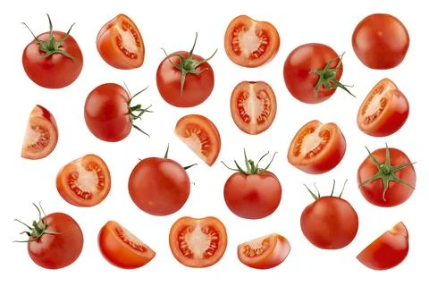 Cherry tomatoes pattern, isolated, background. Mix of perfect organic cherry  Stock Photos
