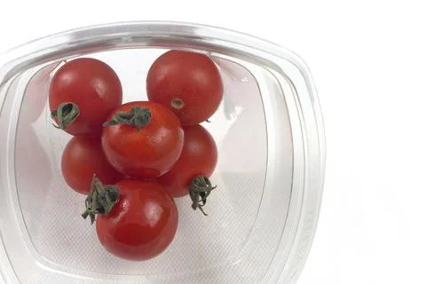Cherry tomatoes in a plastic bin Stock Photos