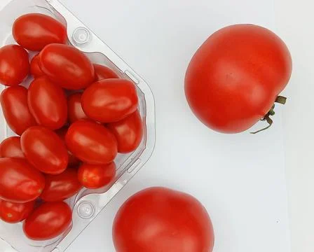 Cherry tomatoes in plastic container with fresh tomatoes Stock Photos
