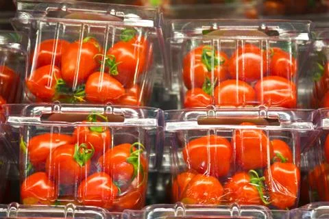 Cherry tomatoes in plastic container. Stock Photos