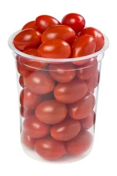 Cherry tomatoes in plastic cup isolated on white Stock Photos